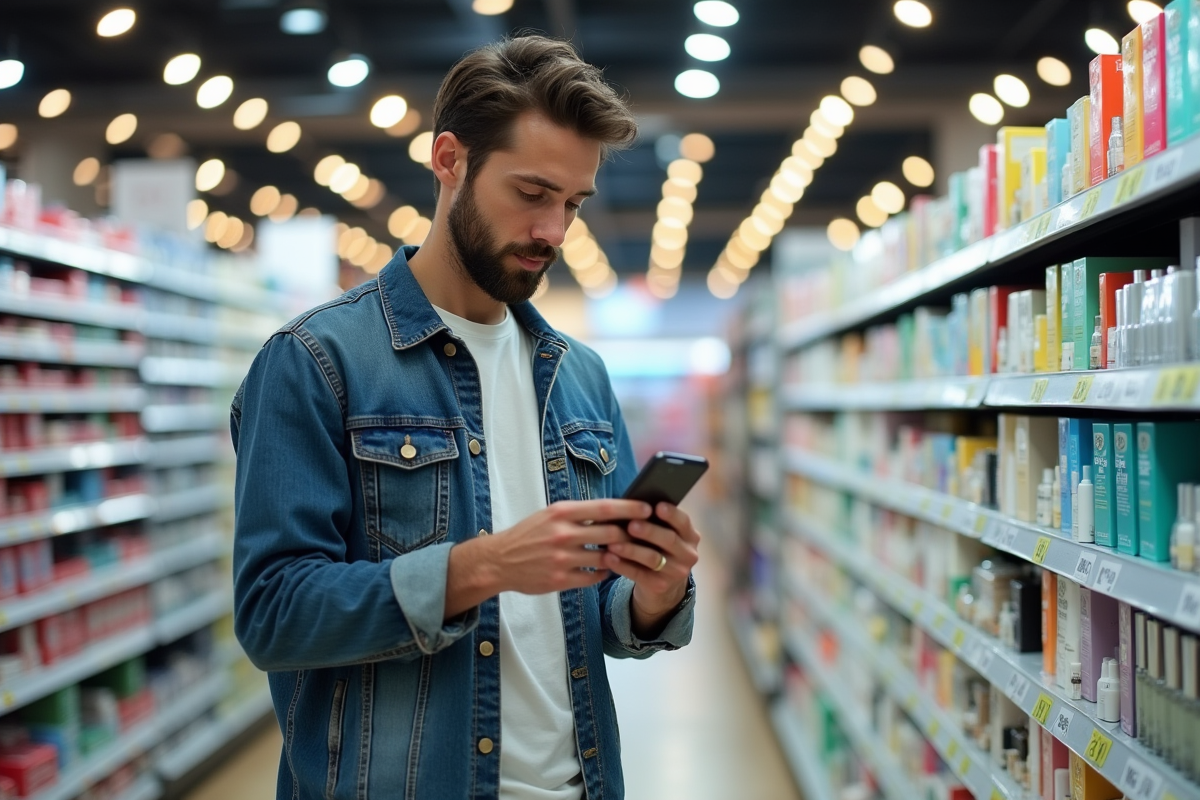 Homme compare prix de produits de soin en supermarche