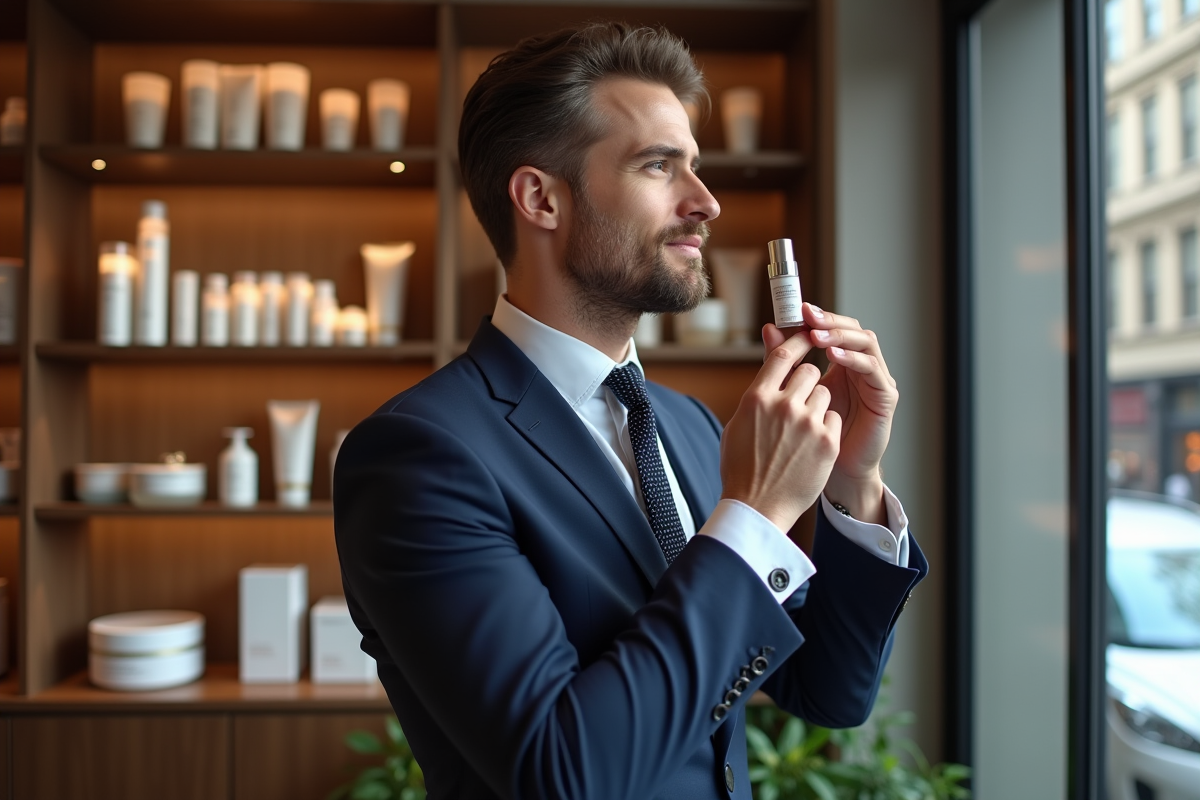 Homme en costume appliquant un sérum dans une boutique urbaine