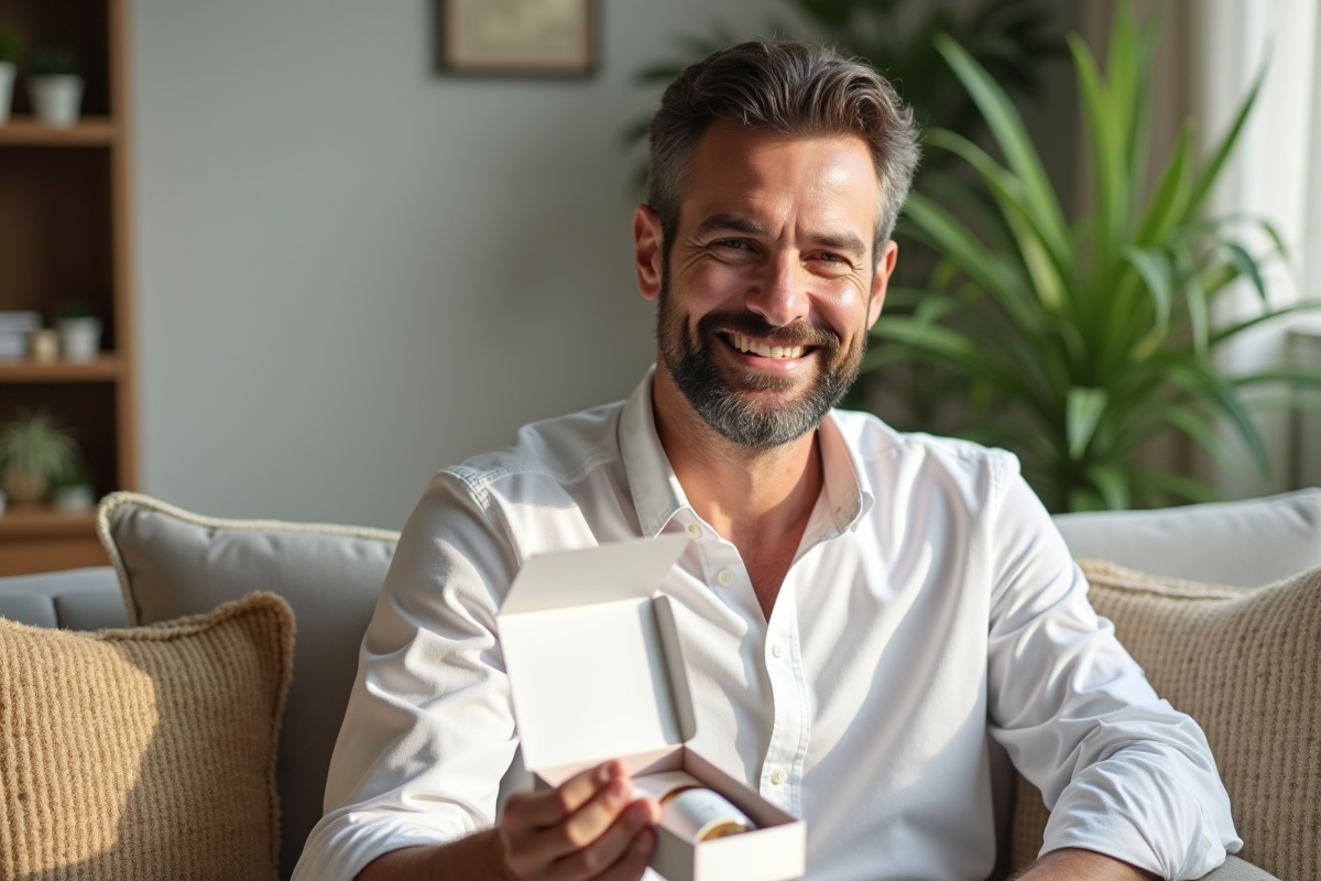 Homme détendu tenant un sérum de soin visage dans le salon