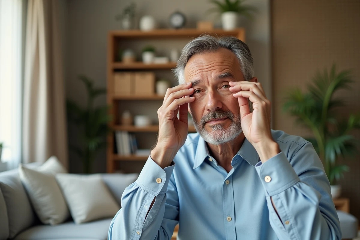 Homme appliquant soin yeux dans salon lumineux
