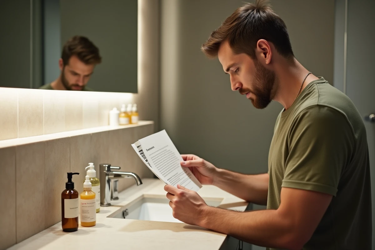 Homme examinant produits de soin dans sa salle de bain