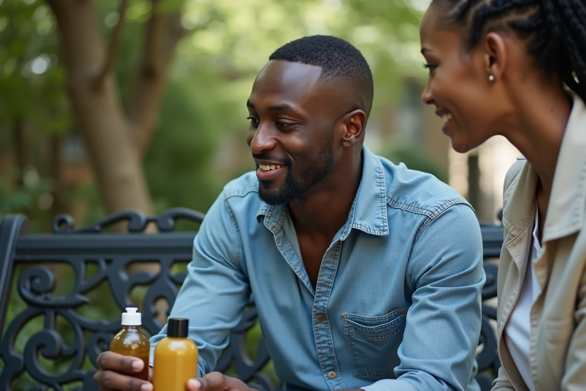 Homme en plein air dans un jardin urbain avec traitements capillaires