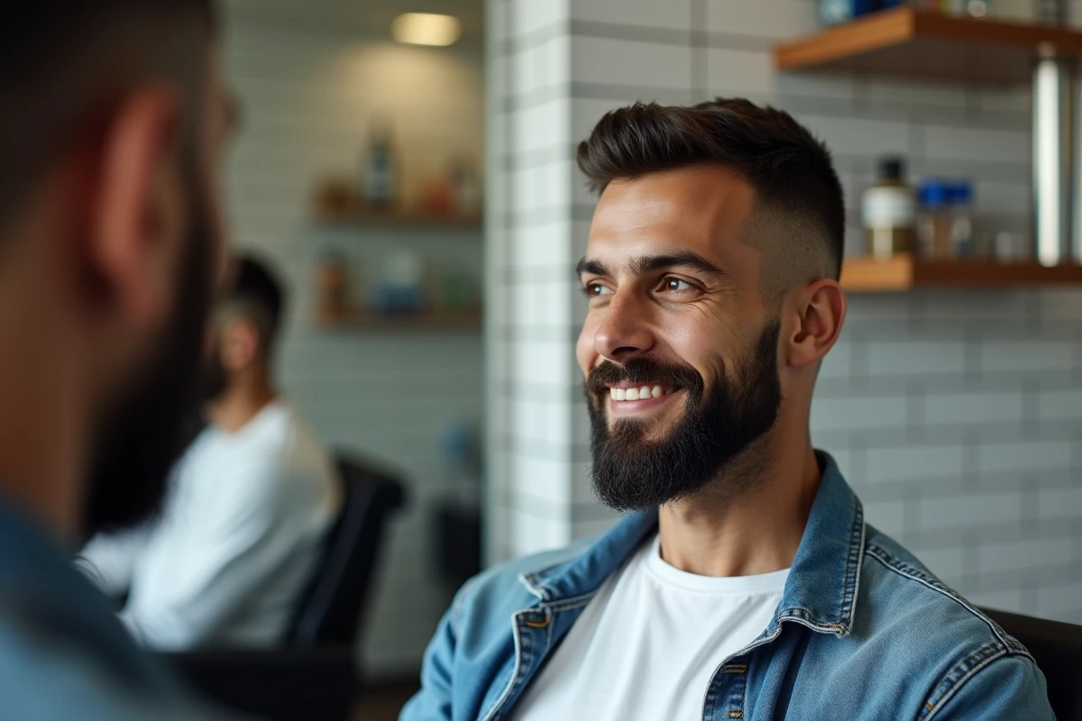 Jeune homme souriant dans un salon de coiffure moderne