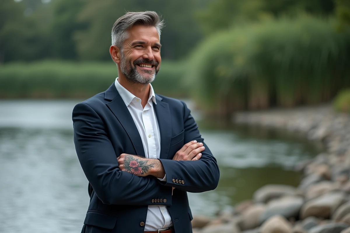 Homme avec tatouage phoenix sur le bras près de la rivière