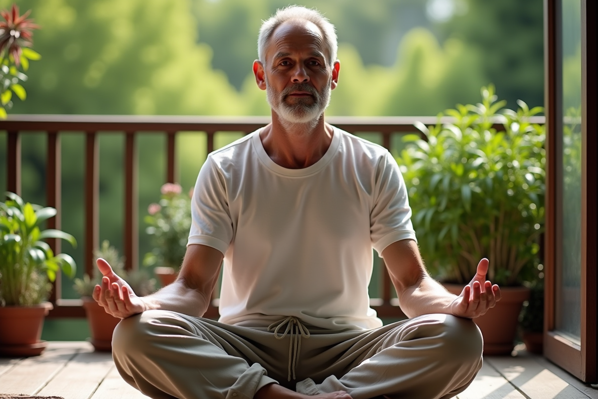 Homme en yoga sur un balcon avec jardin verdoyant