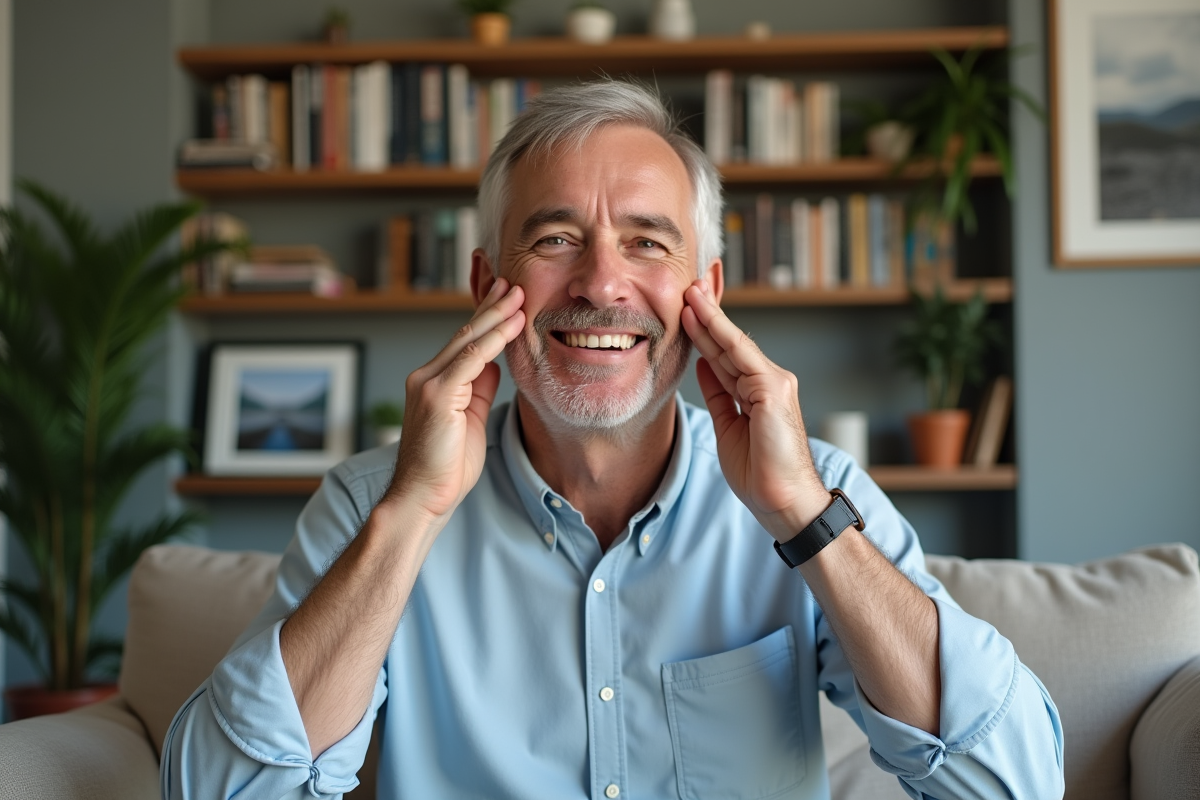 Homme souriant faisant un exercice de yoga facial dans un salon