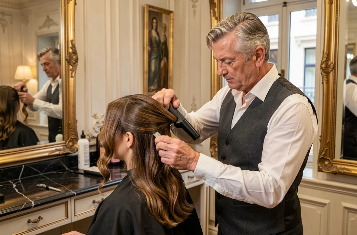 Jean Vallon coiffeur à Montpellier réalisant une mise en forme élégante dans un salon classique