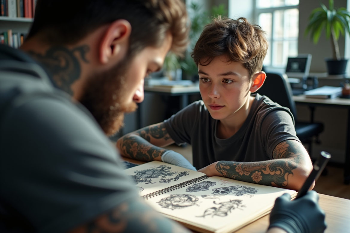 Jeune adulte consulté par un tatoueur dans un studio lumineux