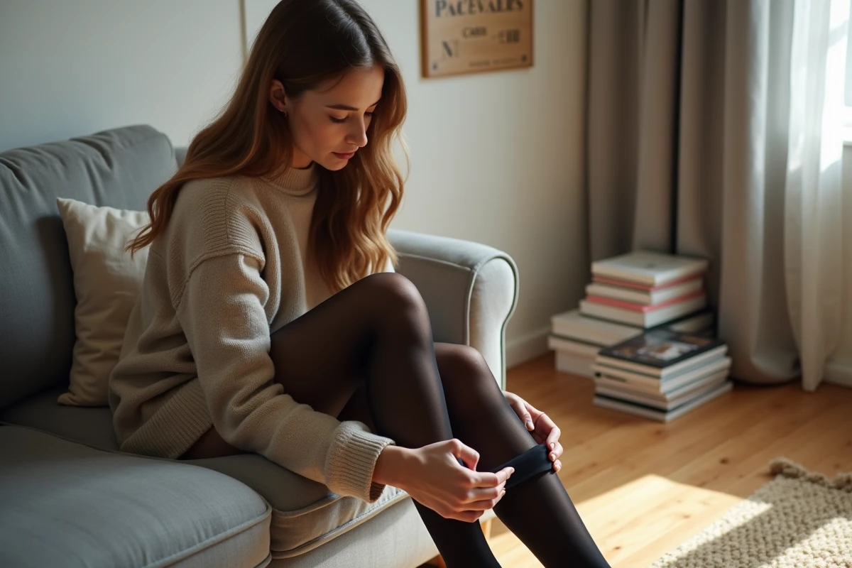 Jeune femme en train de mettre des collants noirs dans un salon lumineux