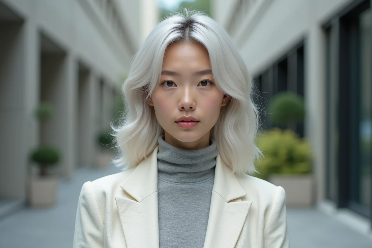 Jeune femme de la vingtaine avec des cheveux blancs naturels portant un blazer en lin crème dans un environnement urbain moderne