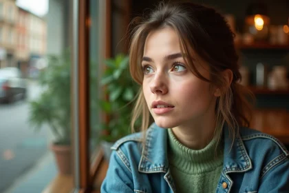 Jeune femme regardant par la fenêtre d'un café avec ses yeux hazelgreen