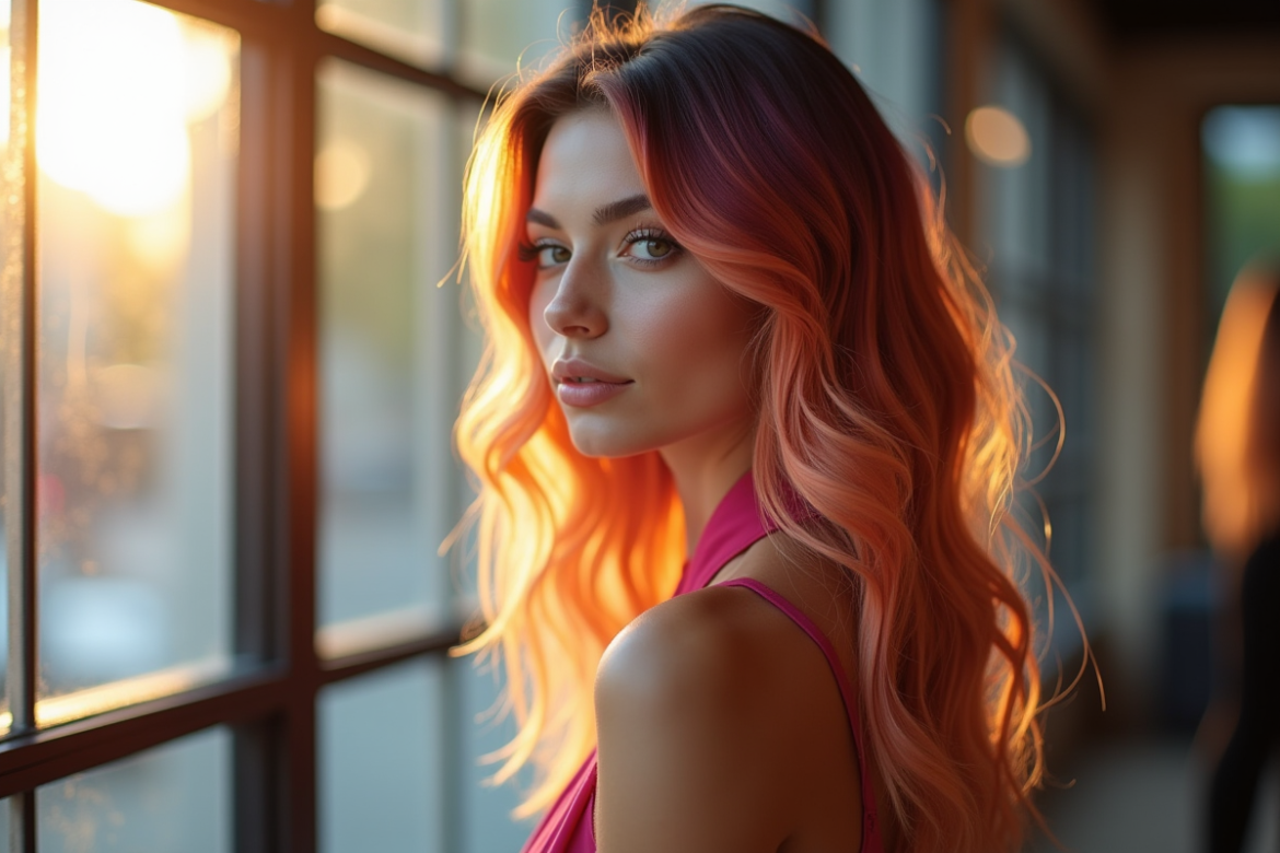 Jeune femme avec cheveux ombrés dans un salon moderne