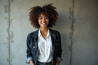 Jeune femme aux cheveux bouclés modernes en portrait