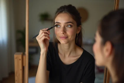 Jeune femme appliquant un maquillage eyeliner inspiré d'une araignee