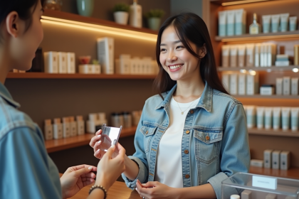 Jeune femme souriante recevant un échantillon de maquillage