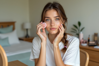 Jeune femme appliquant du fond de teint avec une éponge
