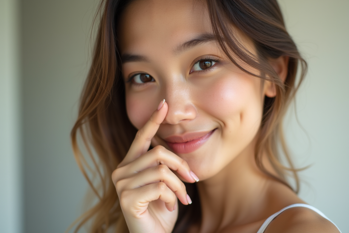 Jeune femme avec peau saine souriant touchant son nez