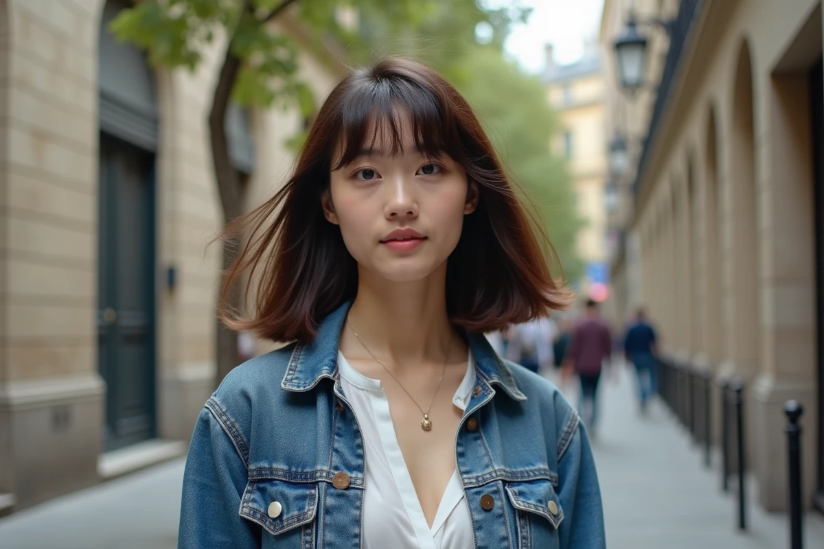Jeune femme en jean et blouse marche dans une rue urbaine