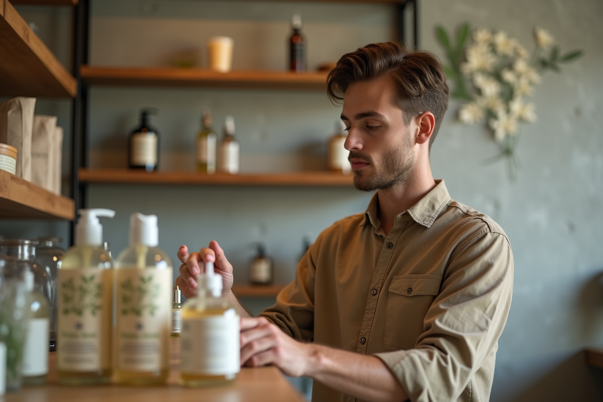 Jeune homme choisissant un produit cosmétique bio en boutique