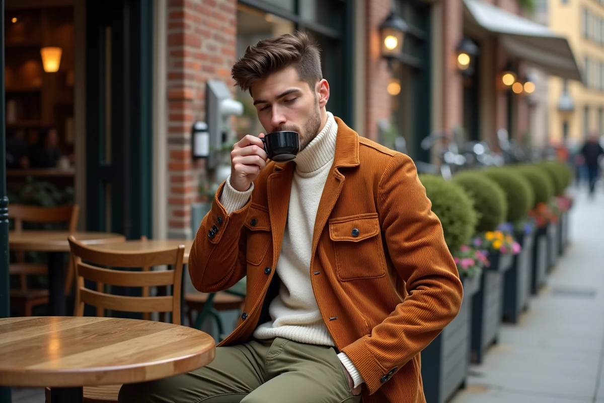 Jeune homme buvant un café en terrasse automne