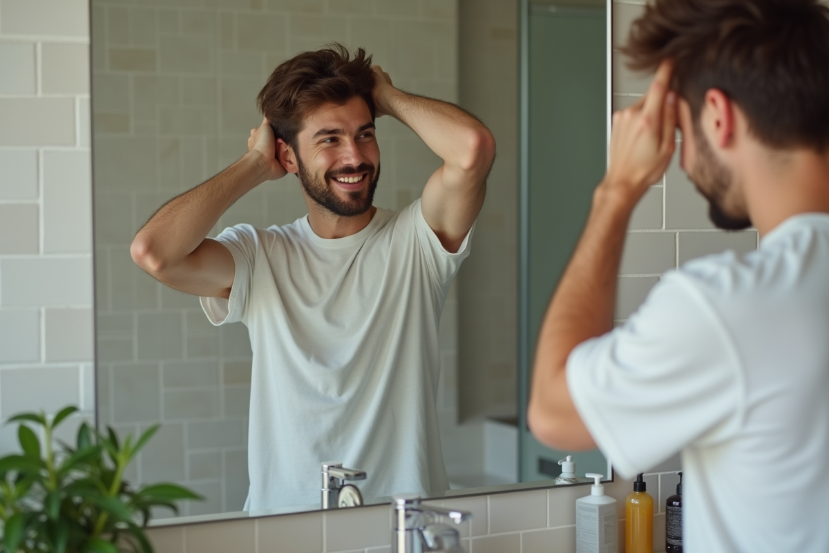 Jeune homme se coiffant devant un miroir de salle de bain