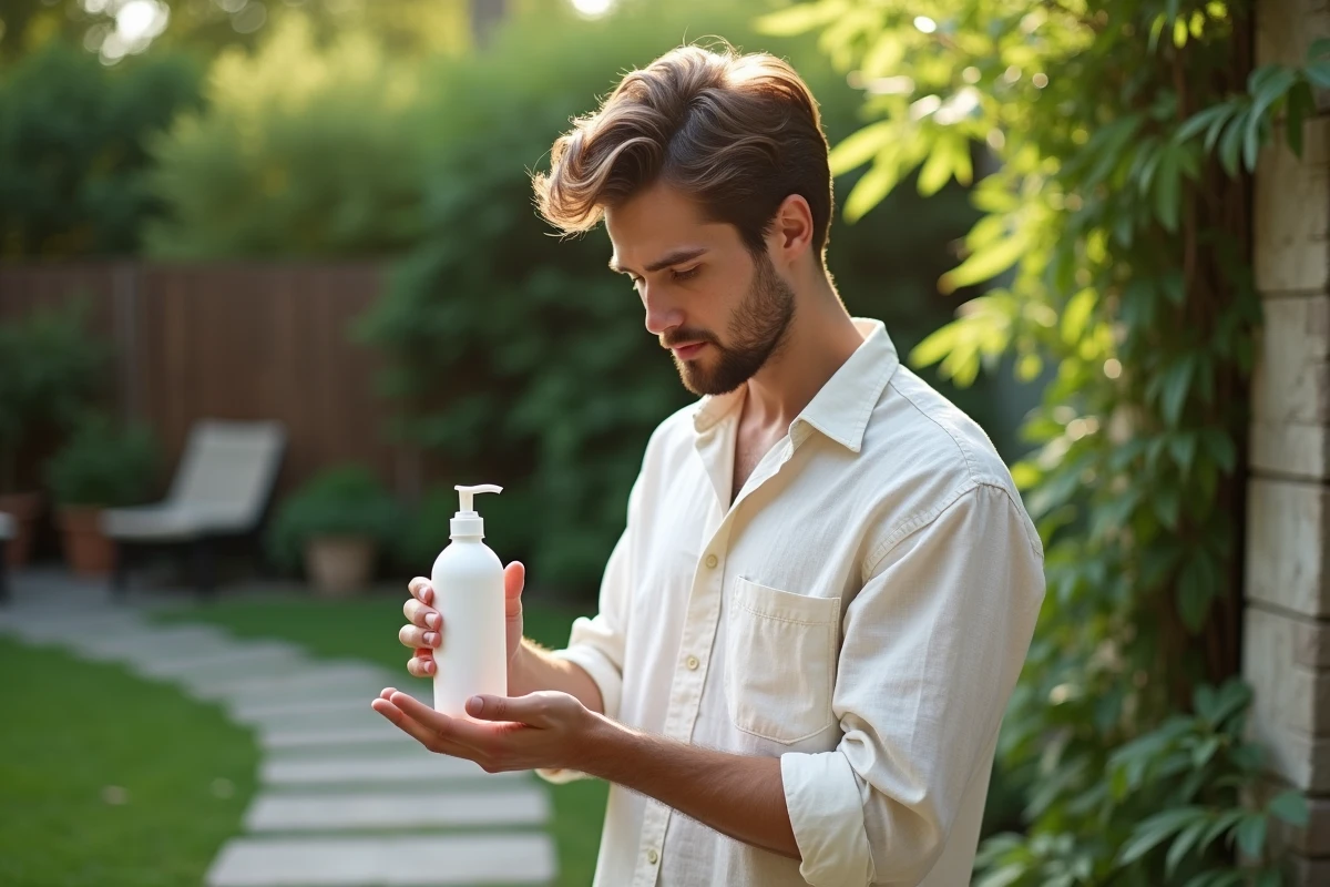 Homme appliquant un shampoing sans sulfate dans un jardin