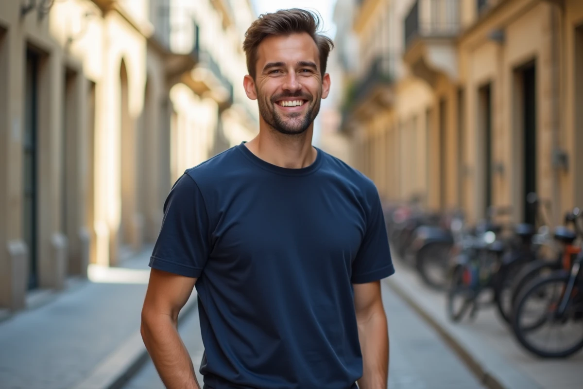 Jeune homme souriant avec des dents alignées dans une rue urbaine européenne