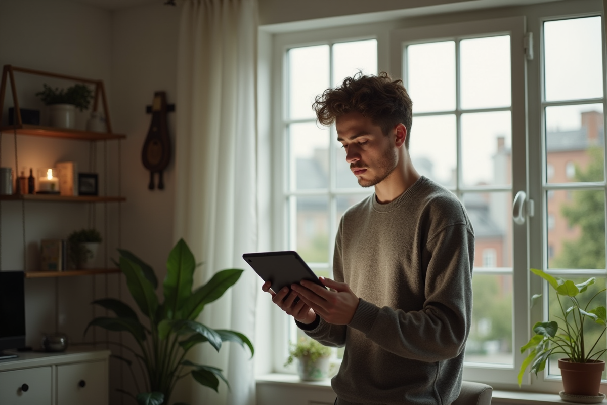 Jeune homme regarde des options de coiffure sur une tablette