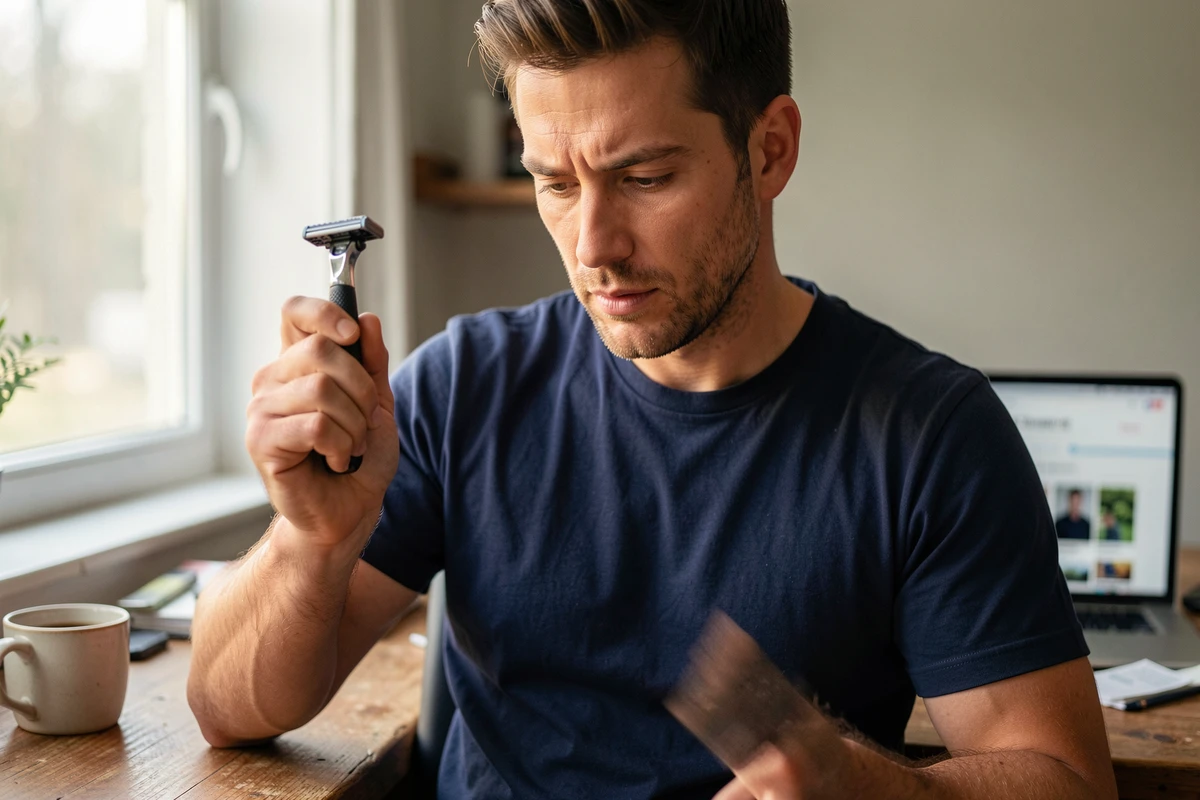 Homme lisant l'emballage d'une lame de remplacement OneBlade 360 à son bureau, évaluation de la compatibilité et du rapport qualité-durabilité