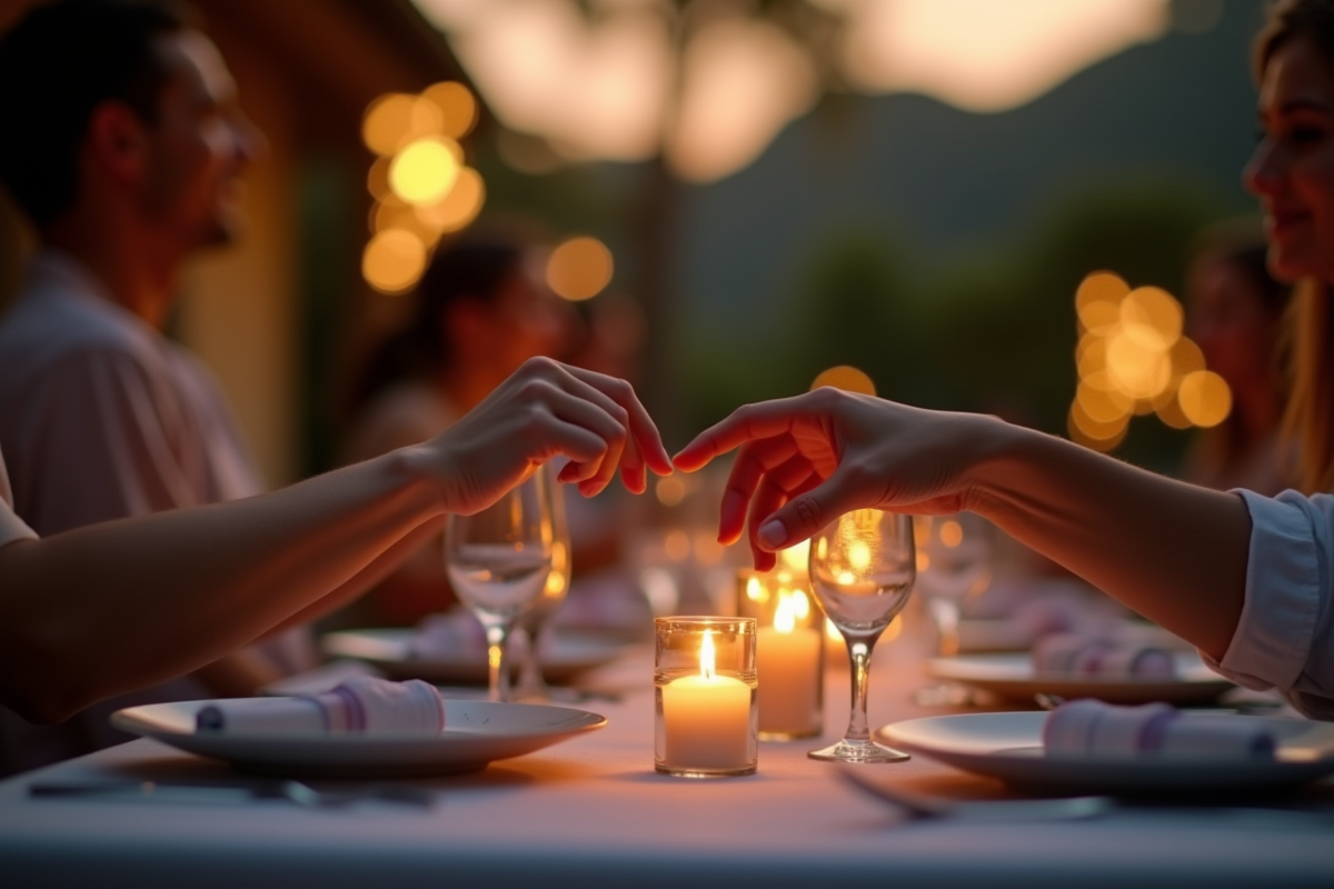 Mains se touchant au dîner romantique en soirée