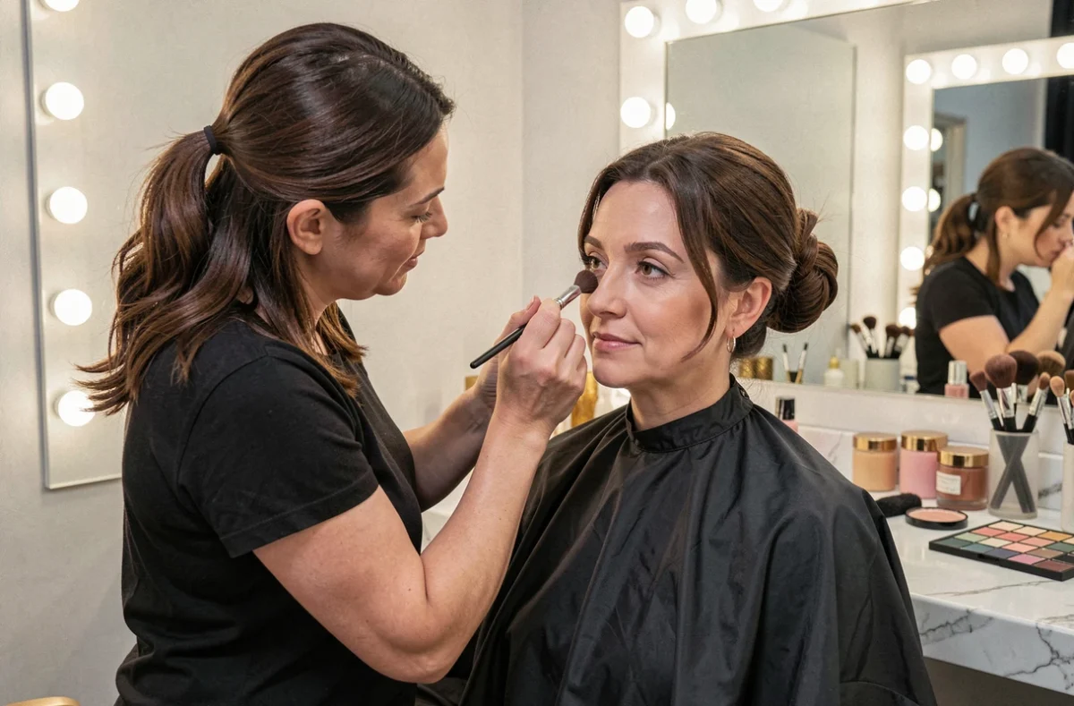 Maquuilleuse professionnelle appliquant une touche finale lors d'une séance de relooking beauté