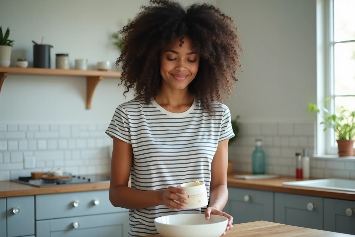 Jeune femme aux cheveux bouclés appliquant un masque capillaire Cutrins dans sa cuisine lors de sa routine soin