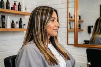 Femme brune aux mèches blondes assise dans un salon de coiffure moderne, regardant son reflet avec satisfaction