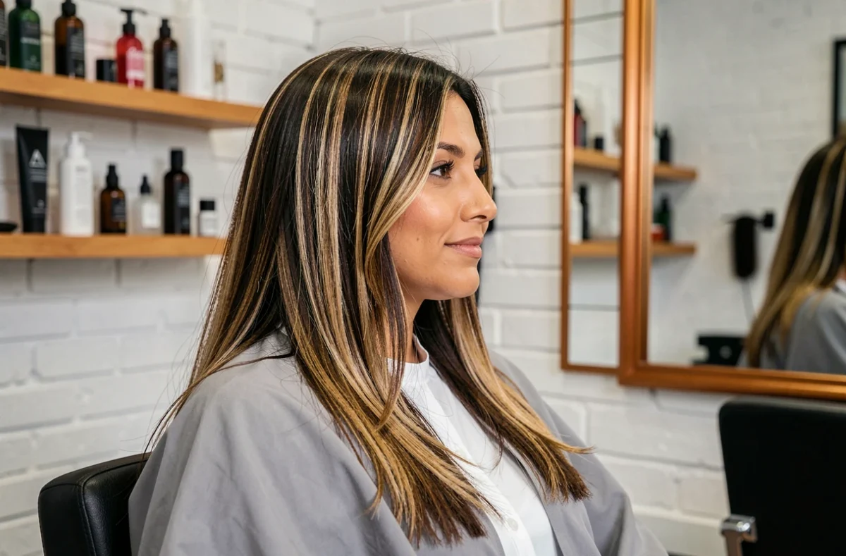 Femme brune aux mèches blondes assise dans un salon de coiffure moderne, regardant son reflet avec satisfaction