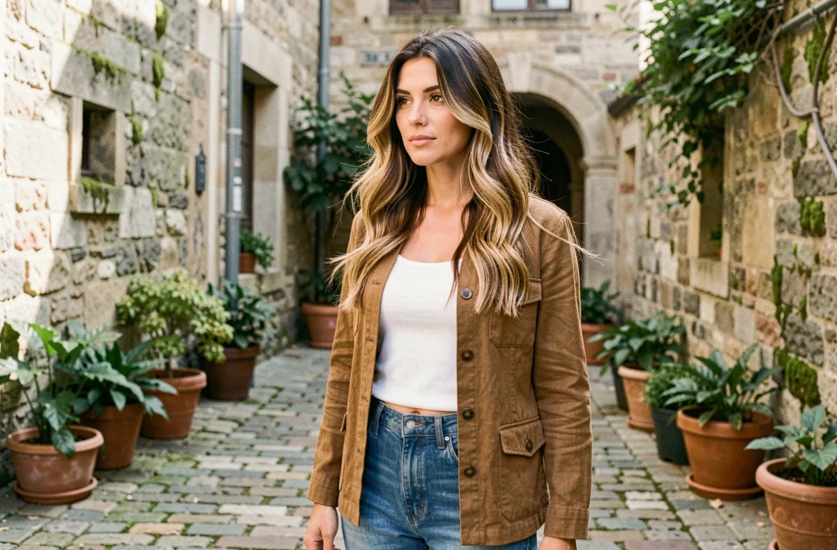 Jeune femme brune avec des mèches blondes en vagues naturelles dans une cour urbaine pavée aux murs en pierre