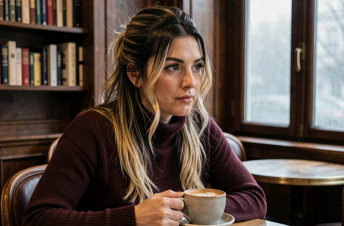 Femme brune aux mèches blondes encadrant le visage attablée dans un café parisien cosy avec un café