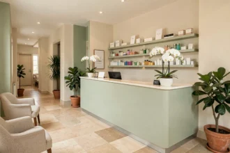 Intérieur élégant d'un institut de beauté en Maine-et-Loire avec orchidées blanches et produits de soin