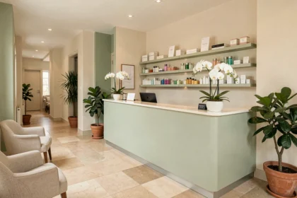 Intérieur élégant d'un institut de beauté en Maine-et-Loire avec orchidées blanches et produits de soin