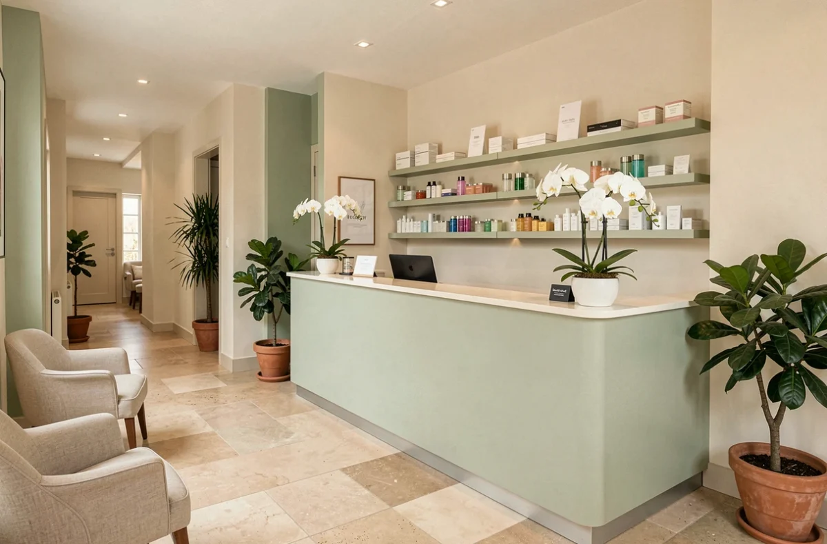 Intérieur élégant d'un institut de beauté en Maine-et-Loire avec orchidées blanches et produits de soin