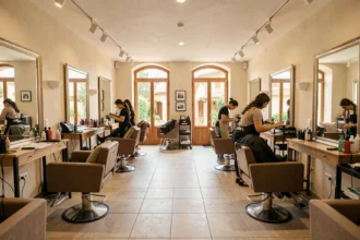 Panorama d'un salon de coiffure moderne dans l'Hérault avec des coiffeurs au travail