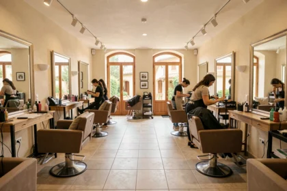 Panorama d'un salon de coiffure moderne dans l'Hérault avec des coiffeurs au travail