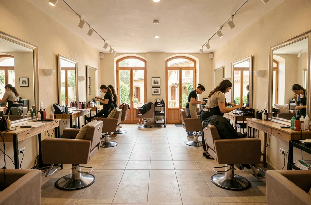 Panorama d'un salon de coiffure moderne dans l'Hérault avec des coiffeurs au travail