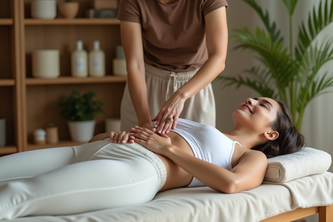 Femme relaxee recevant un massage avec outils en bois