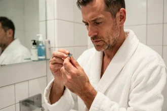 Homme inspectant une lame de rasoir OneBlade 360 dans une salle de bain moderne, analyse de la compatibilité et de la durabilité des lames