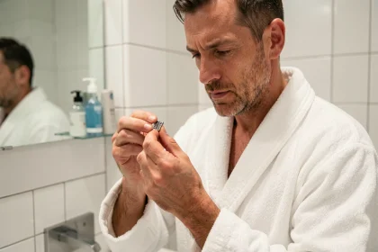 Homme inspectant une lame de rasoir OneBlade 360 dans une salle de bain moderne, analyse de la compatibilité et de la durabilité des lames