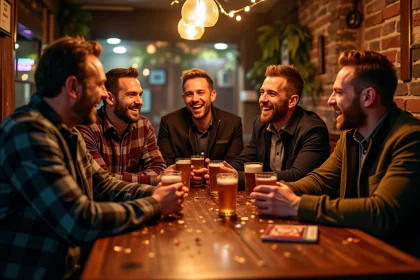 Groupe d'amis en enterrement de vie de garçon tenant des peignes humoristiques pour chauve autour d'une table de bar festive