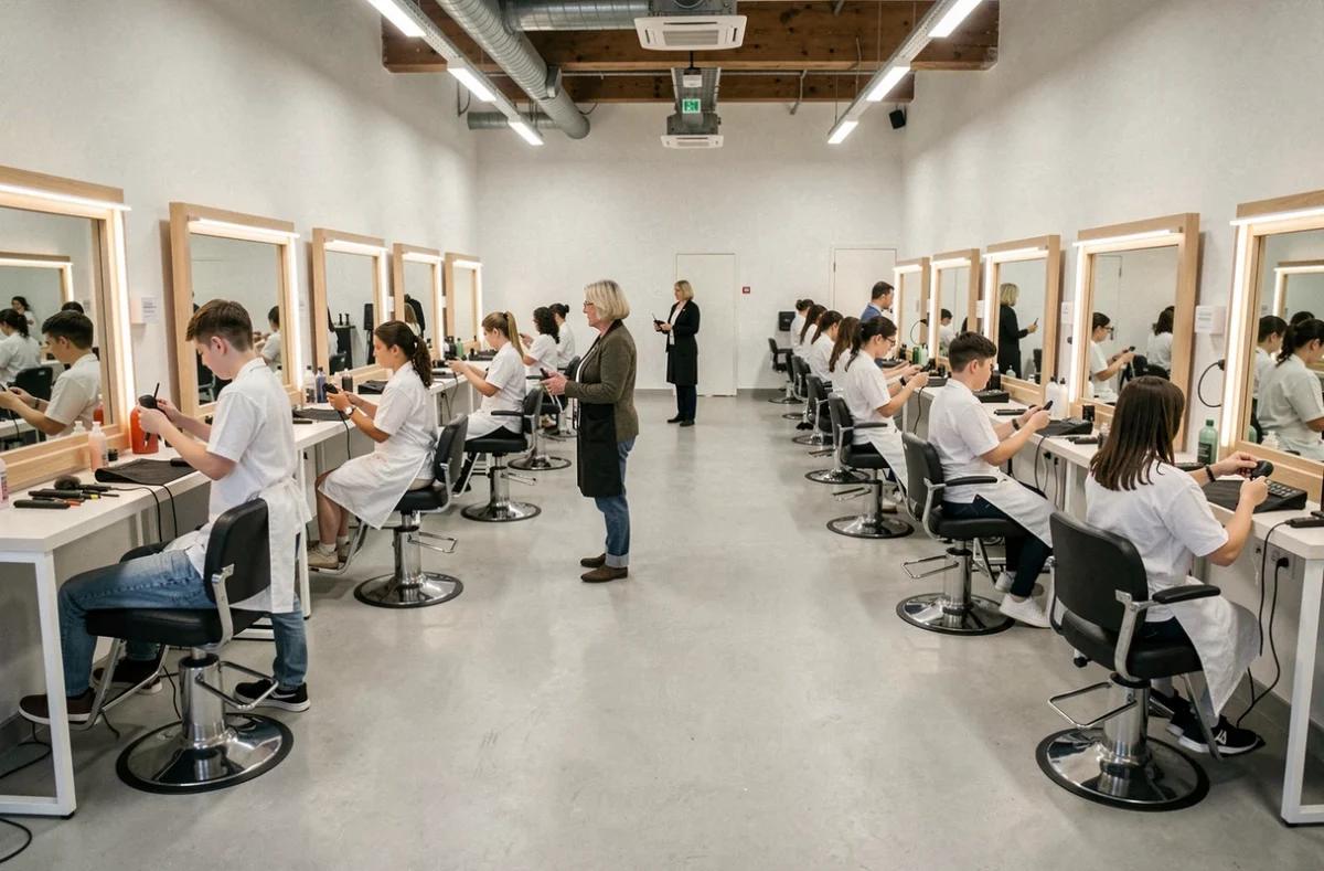 Salle de formation de Perform Académie Coiffure à Montpellier avec des stylistes en apprentissage supervisés par une formatrice