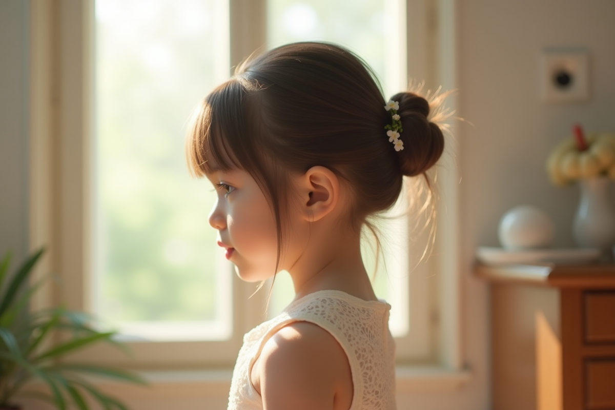 Petite fille en robe de dentelle blanche à la fenêtre
