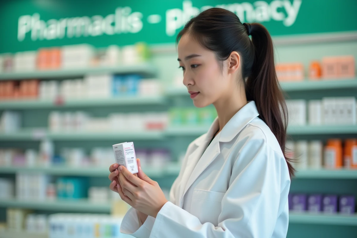 Pharmacienne tenant une boîte de médicament Halcare au comptoir d'une pharmacie en 2026