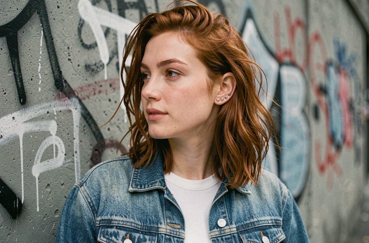 Jeune femme avec plusieurs piercings cartilage empilés à l'oreille, look urbain devant un mur de street art